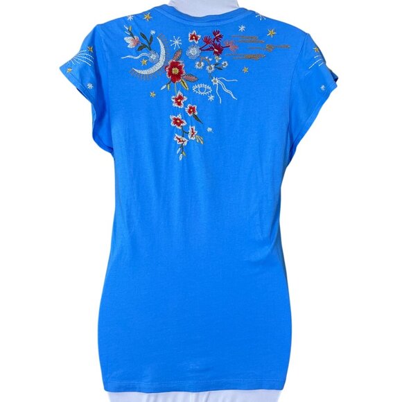 Johnny Was Lissa Bright Blue Flutter Sleeve Floral Embroidered Tee XXS NWT - Picture 5 of 10